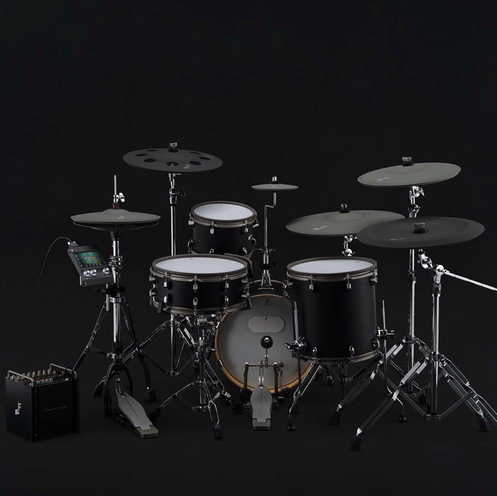 Drum set with electronic components on a black background