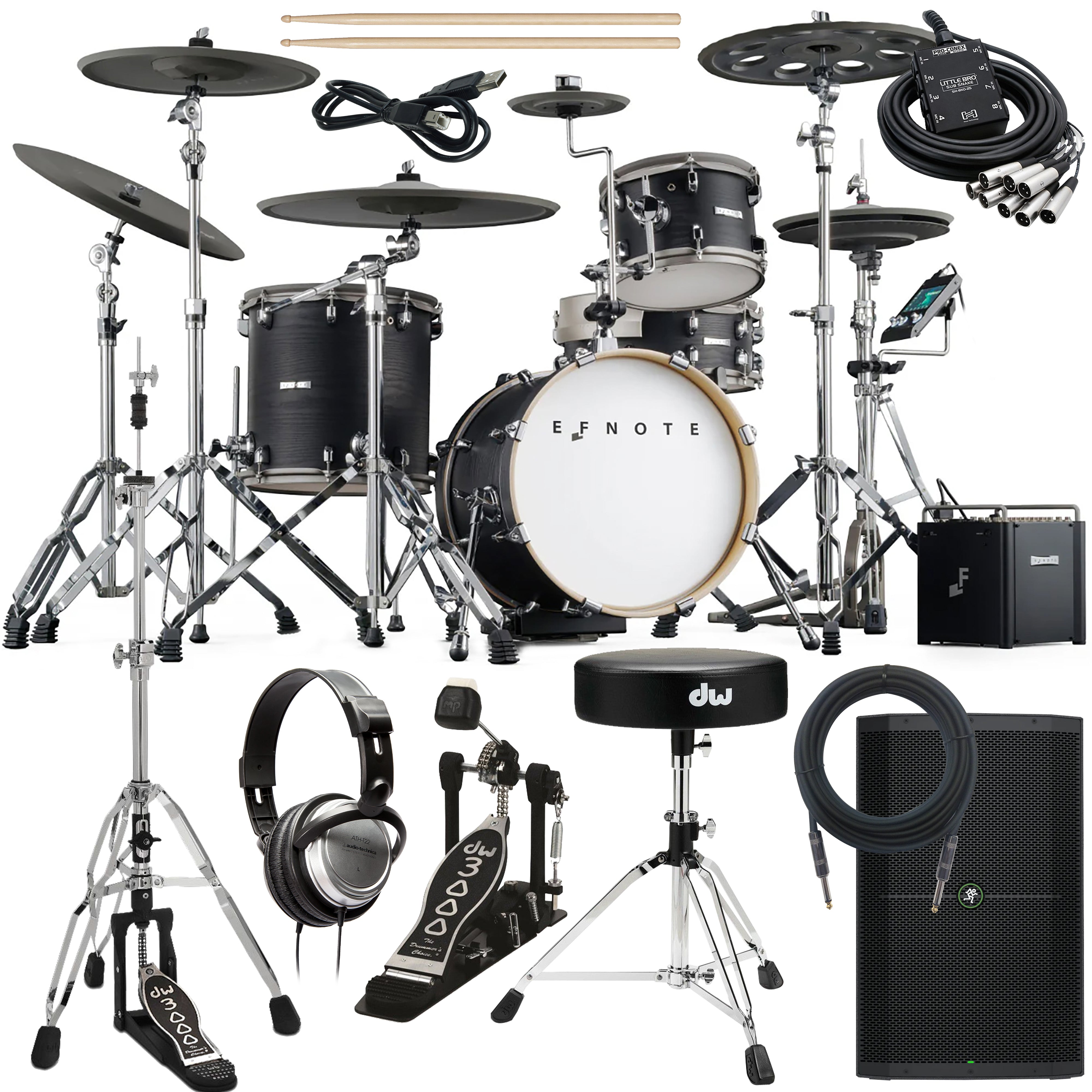 Collage of items included in the EFNOTE PRO 500X Special Electronic Drum Kit COMPLETE DRUM BUNDLE