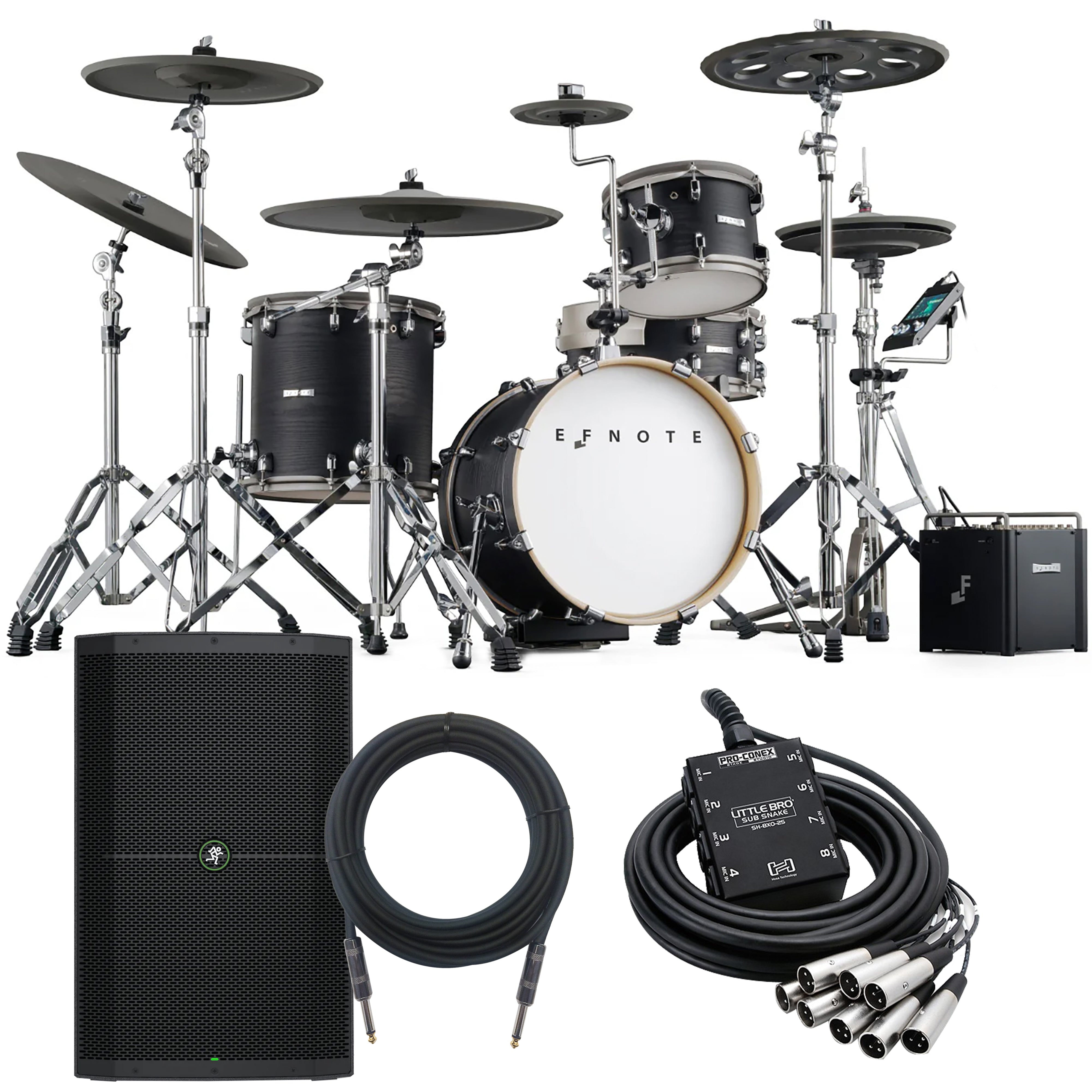 Collage of items included in the EFNOTE PRO 500X Special Electronic Drum Kit MONITOR KIT