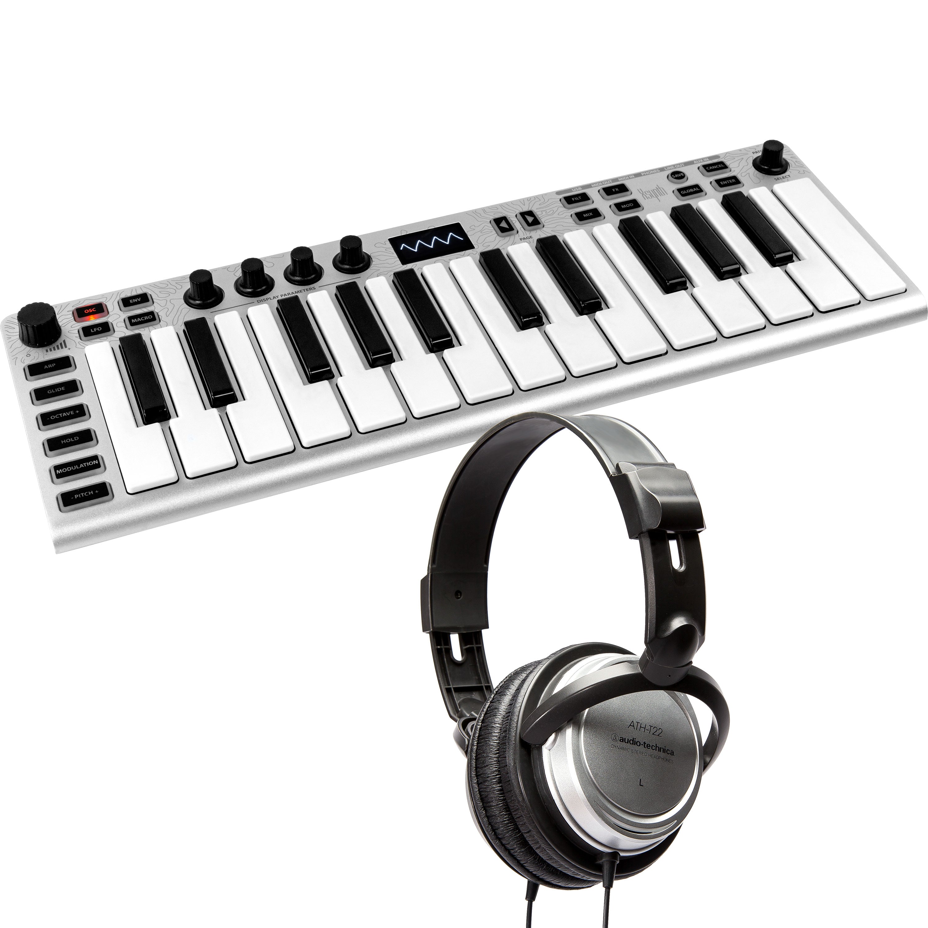 Collage showing components in ESI Xsynth 25-Key Portable Synthesizer BONUS PAK