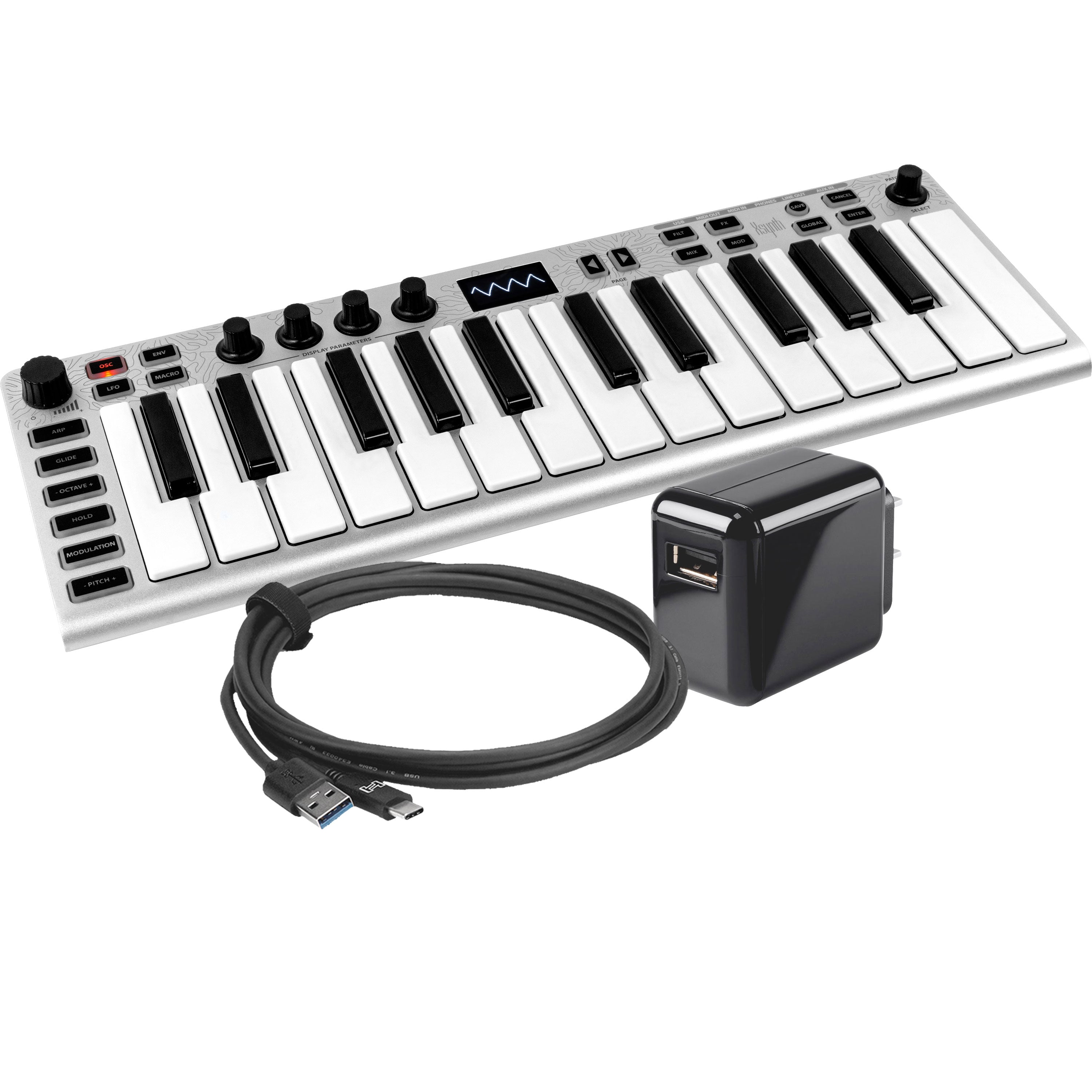 Collage showing components in ESI Xsynth 25-Key Portable Synthesizer POWER KIT