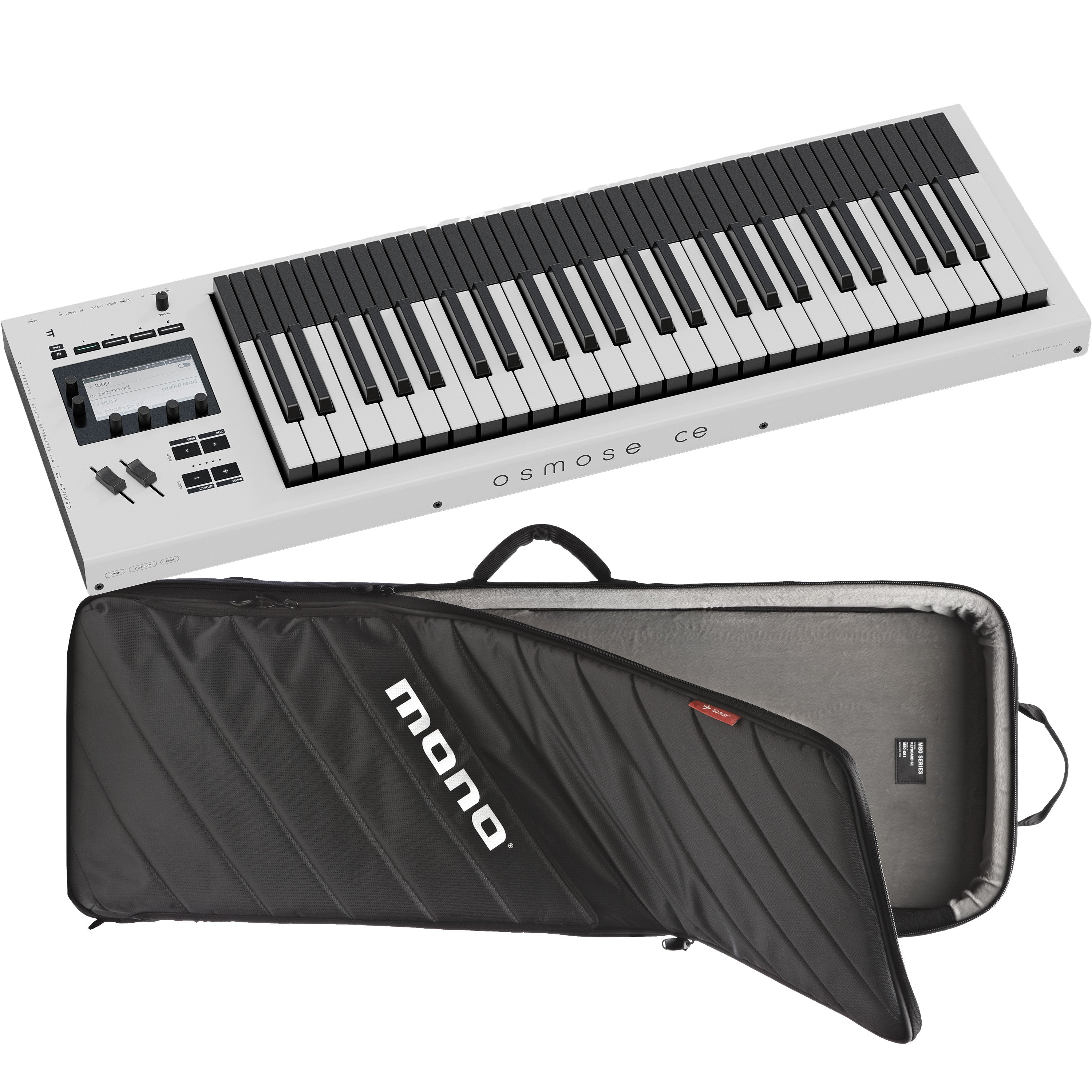 Collage showing components in Expressive E Osmose CE 49-Key MPE MIDI Controller CARRY BAG KIT