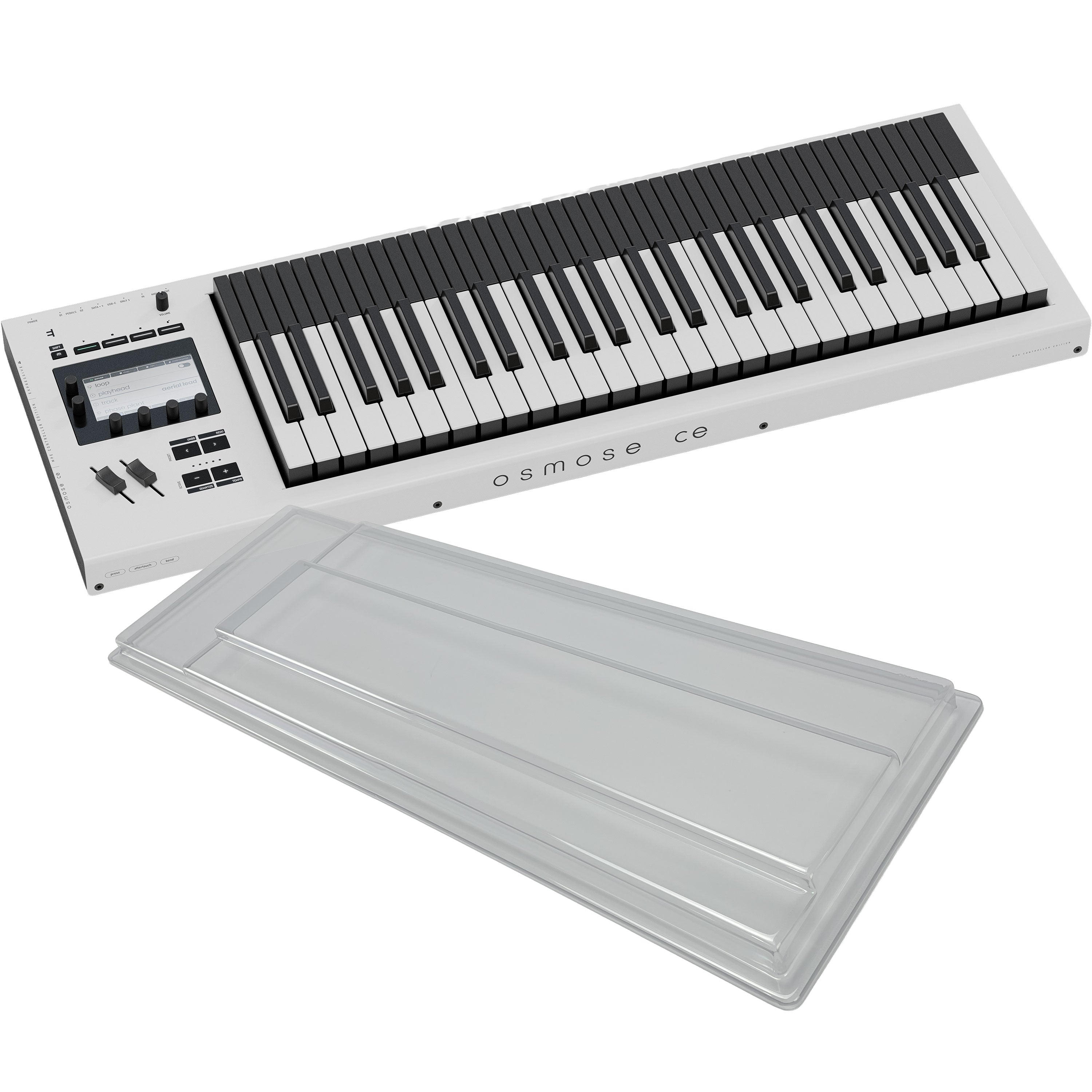 Collage showing components in Expressive E Osmose CE 49-Key MPE MIDI Controller DECKSAVER KIT
