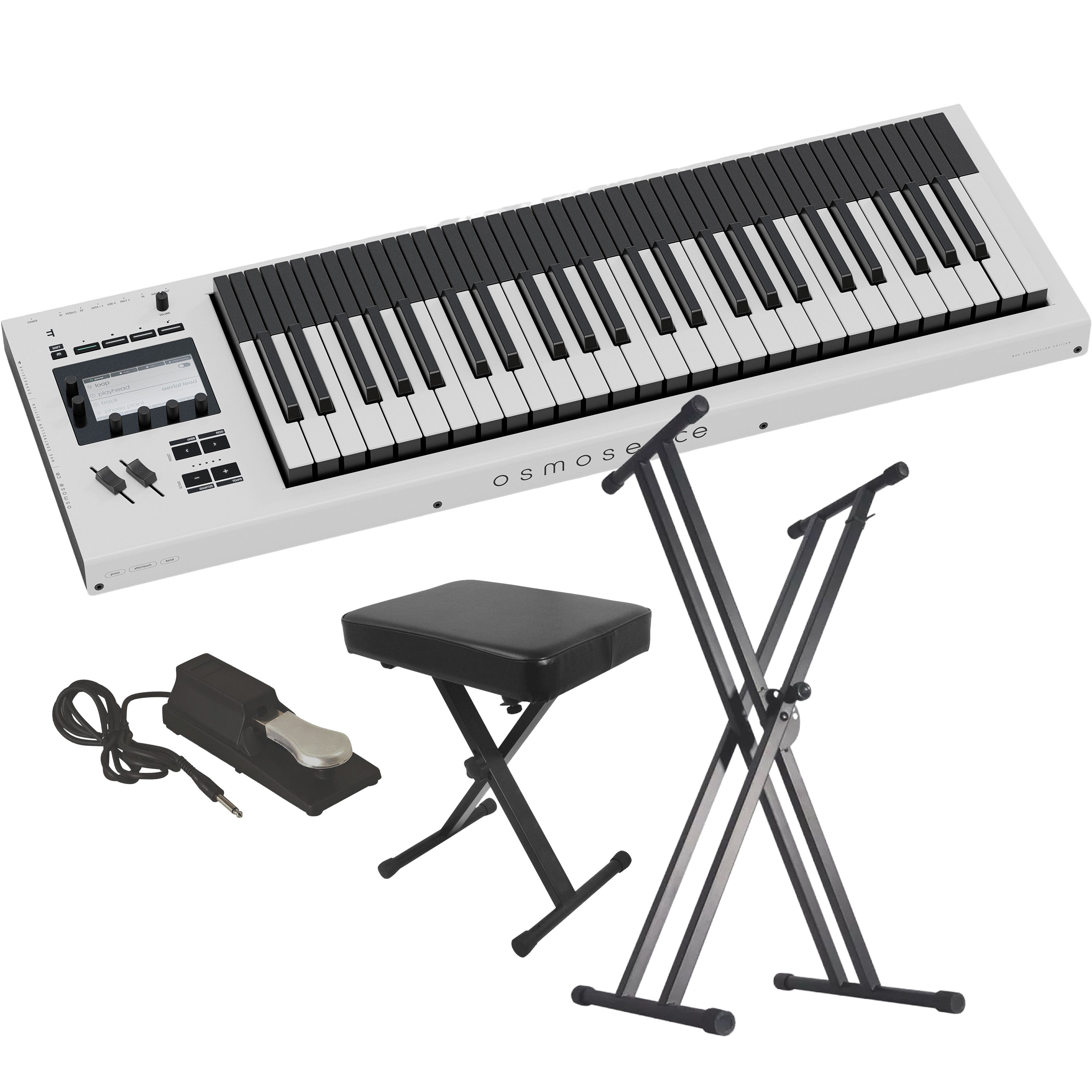 Collage showing components in Expressive E Osmose CE 49-Key MPE MIDI Controller KEY ESSENTIALS BUNDLE