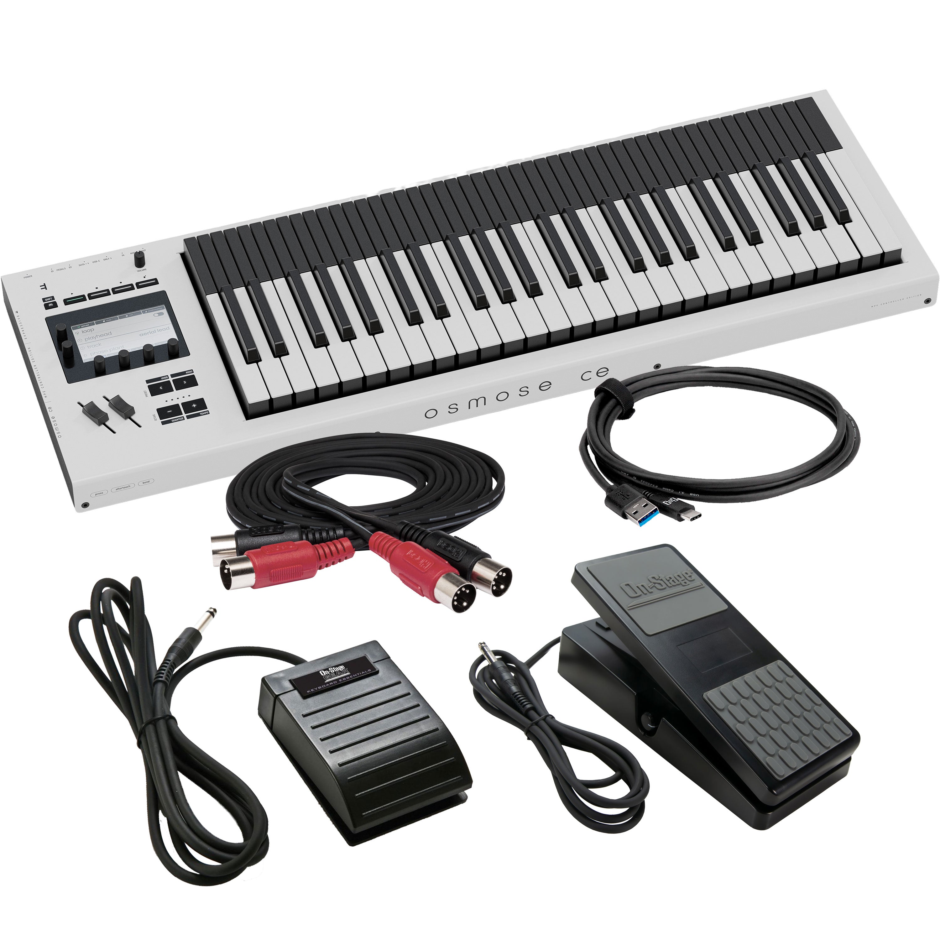 Collage showing components in Expressive E Osmose CE 49-Key MPE MIDI Controller STUDIO KIT