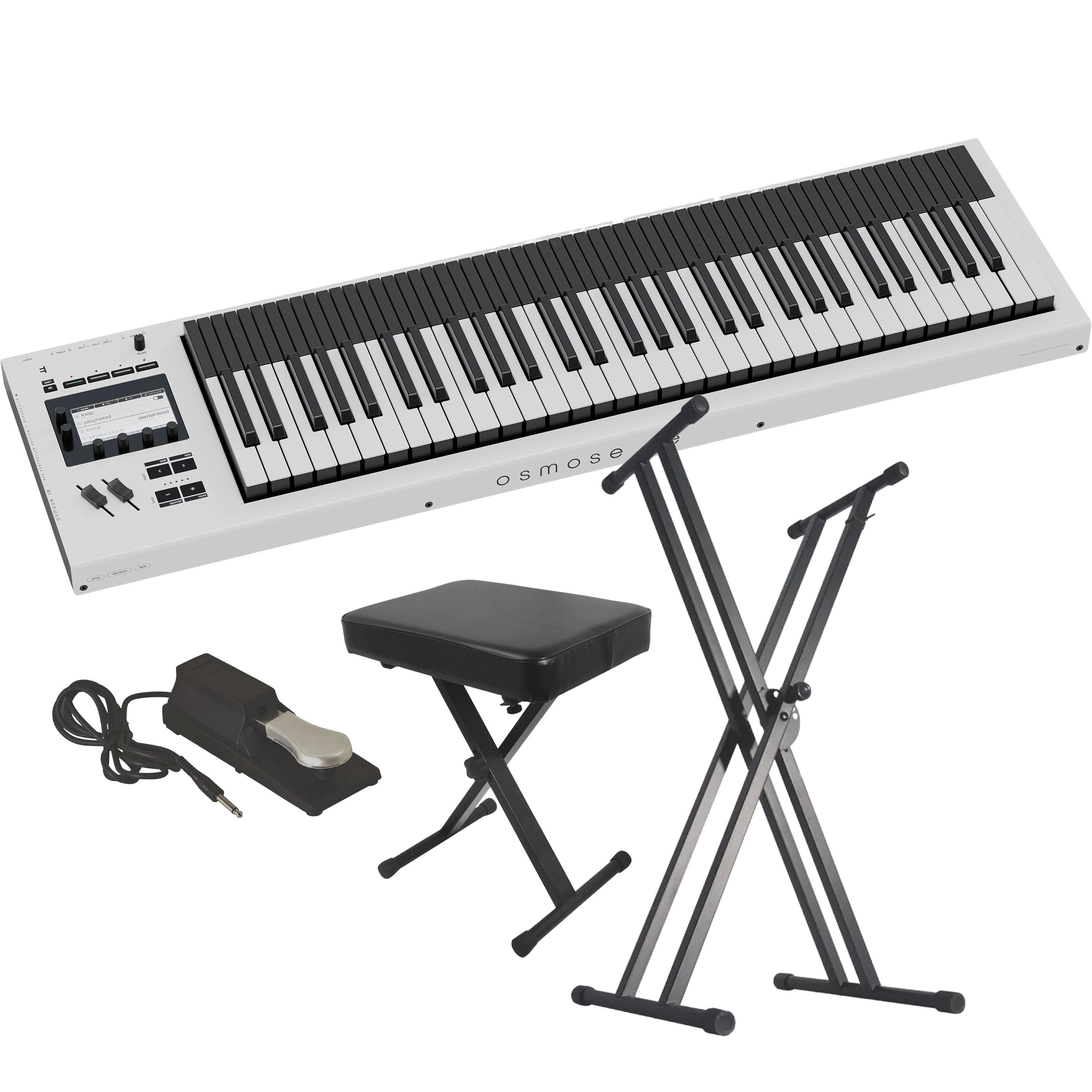 Collage showing components in Expressive E Osmose CE 61-Key MPE MIDI Controller KEY ESSENTIALS BUNDLE