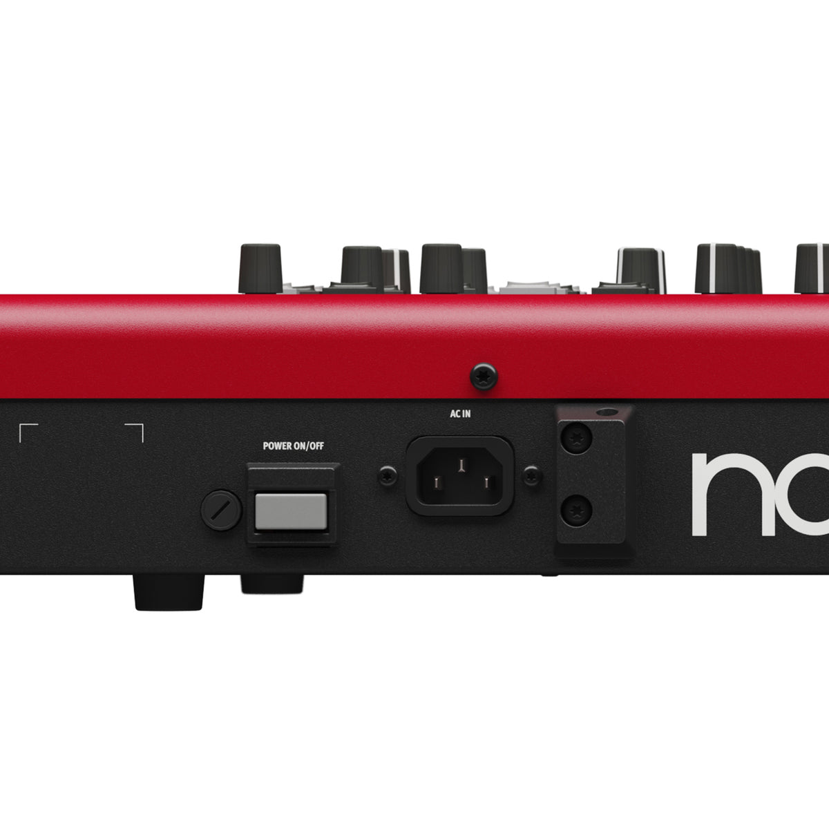 Nord Electro 7 Stage Keyboard rear panel zoomed on the power button and power supply jack