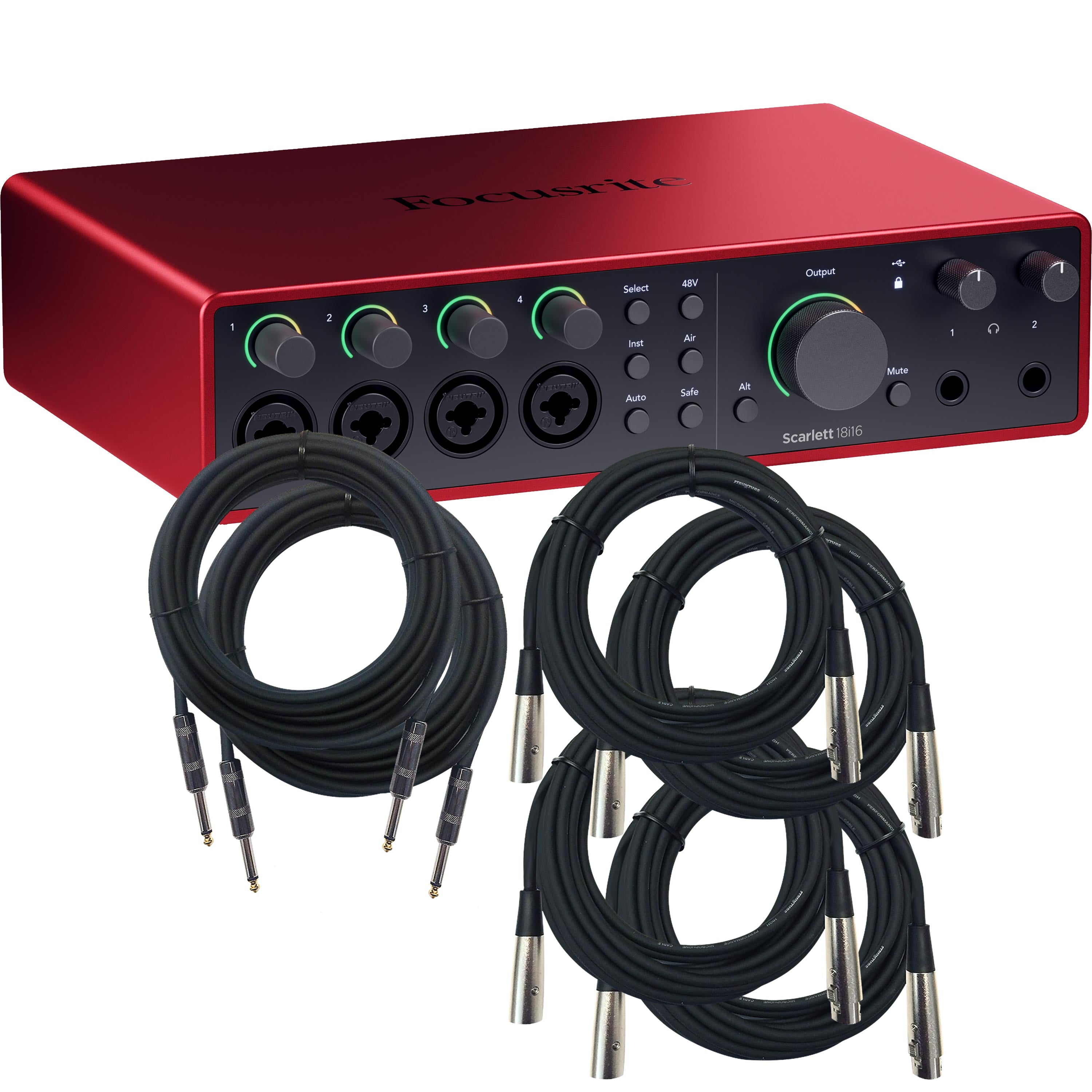 Collage showing components in Focusrite Scarlett 18i16 (4th Gen) USB Audio Interface CABLE KIT