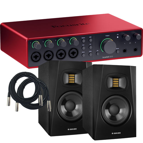 Collage showing components in Focusrite Scarlett 18i16 (4th Gen) USB Audio Interface STUDIO RIG