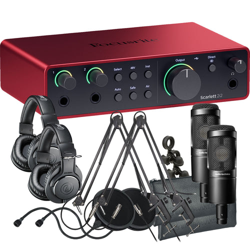 Collage showing components in Focusrite Scarlett 2i2 (4th Gen) USB Audio Interface PODCASTING DUO PAK