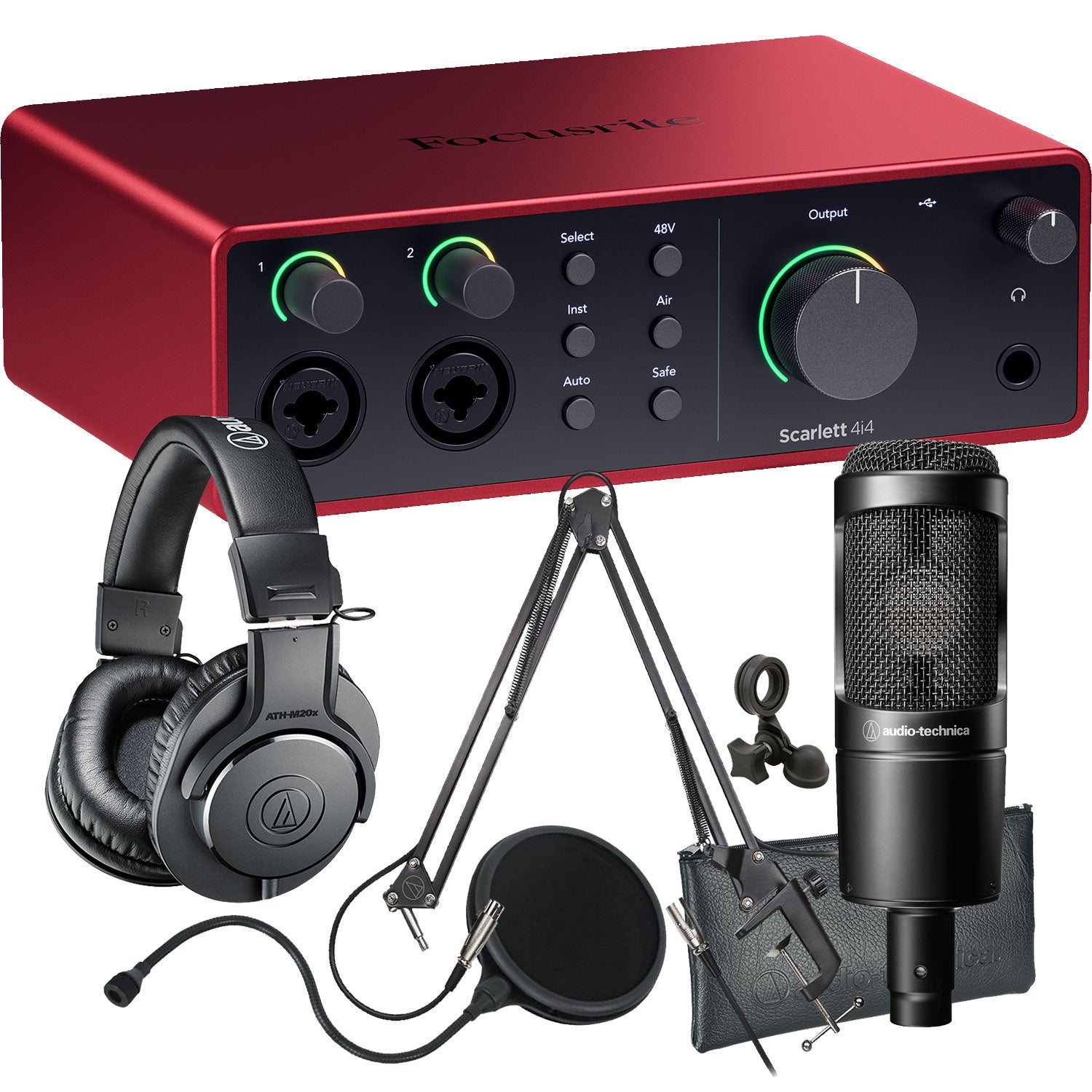 Collage showing components in Focusrite Scarlett 4i4 (4th Gen) USB Audio Interface PODCASTING PAK