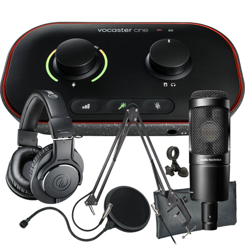 Collage showing components in Focusrite Vocaster One Podcast Audio Interface PODCASTING PAK