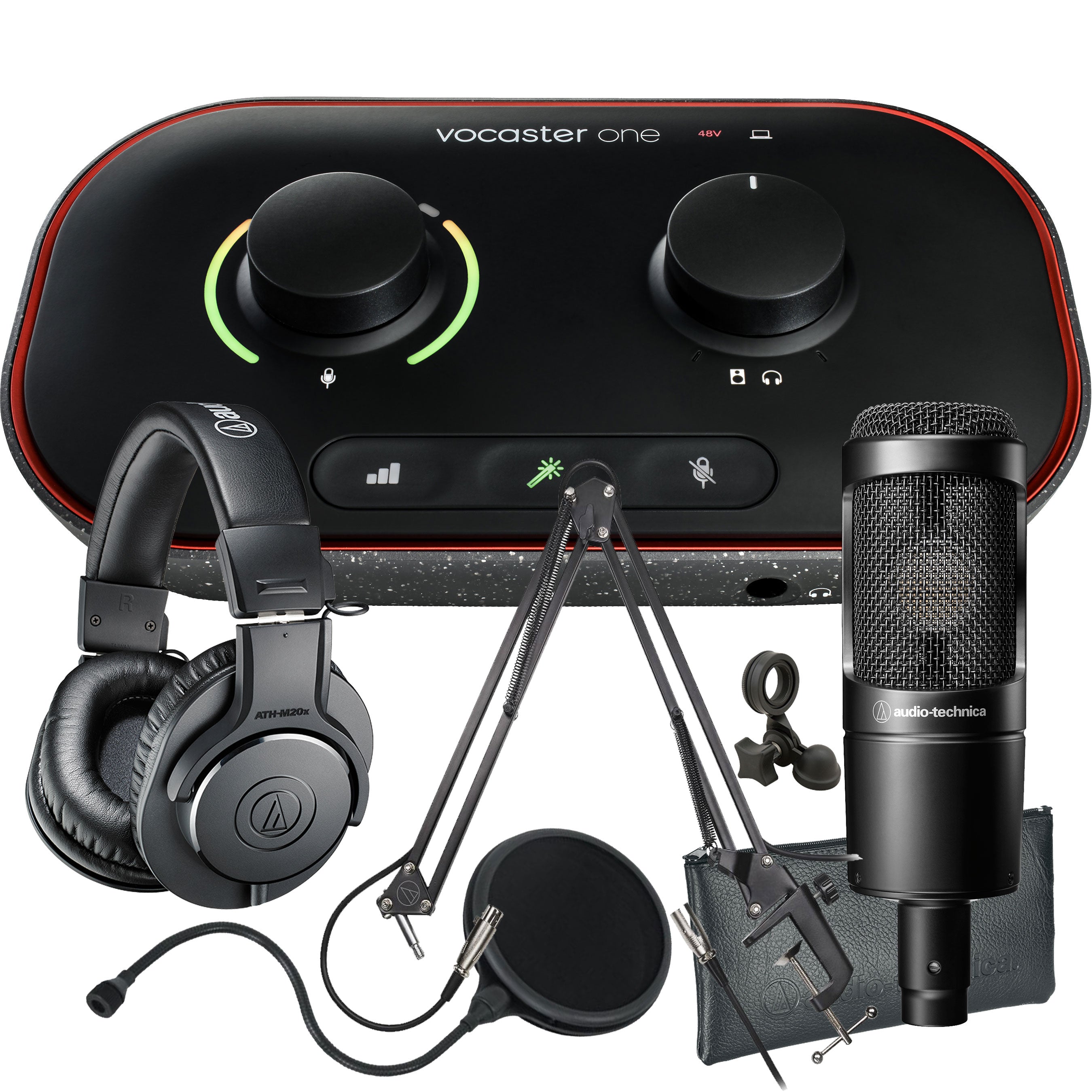 Collage showing components in Focusrite Vocaster One Podcast Audio Interface PODCASTING PAK