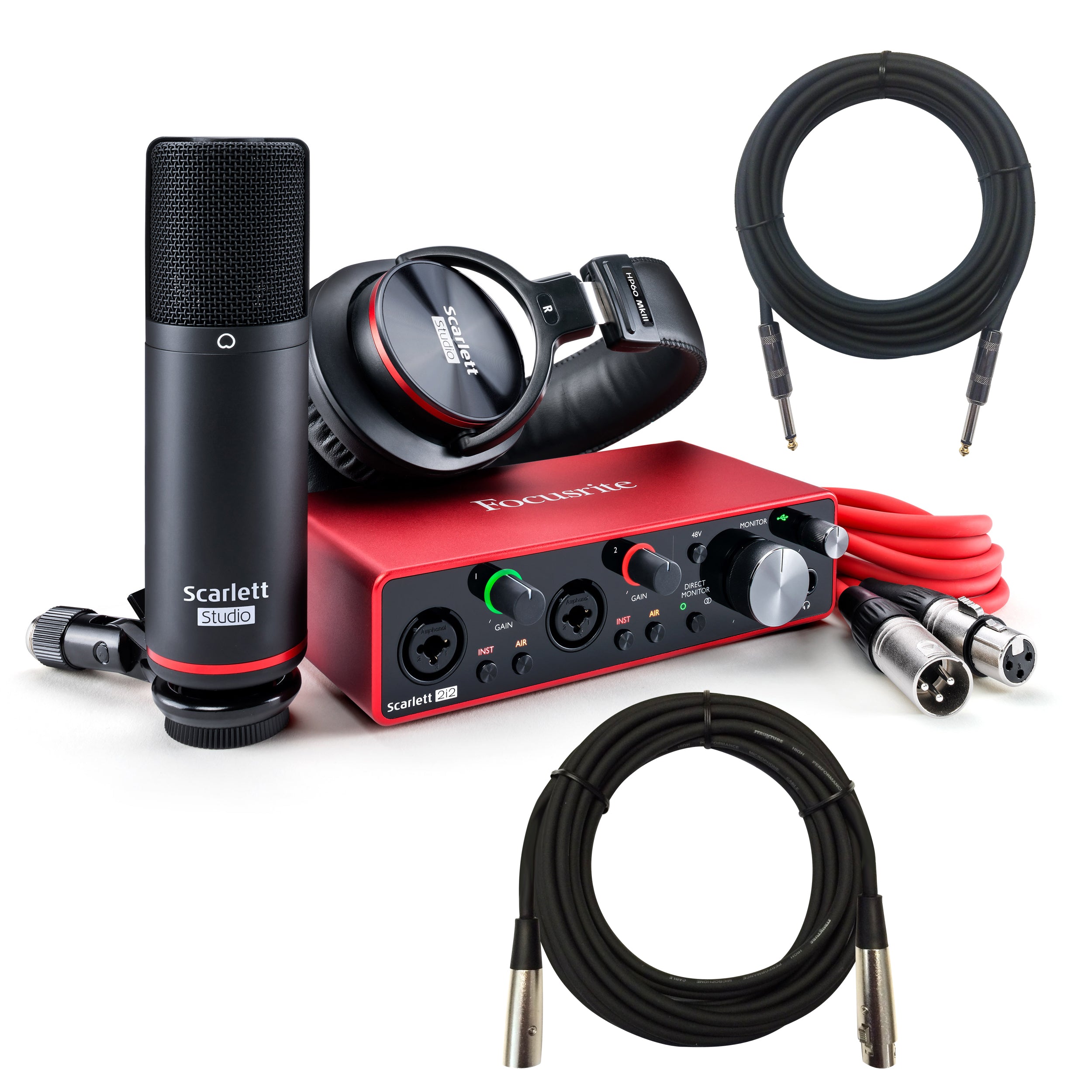 Collage image of the Focusrite Scarlett 2i2 Studio (3rd Gen) Recording Package CABLE KIT