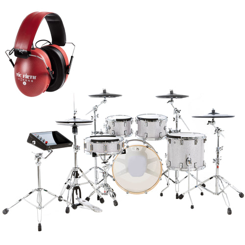 Collage of the GEWA G9 Pro 5 SE Electronic Drum Set - Silver Sparkle BONUS PAK showing included headphones