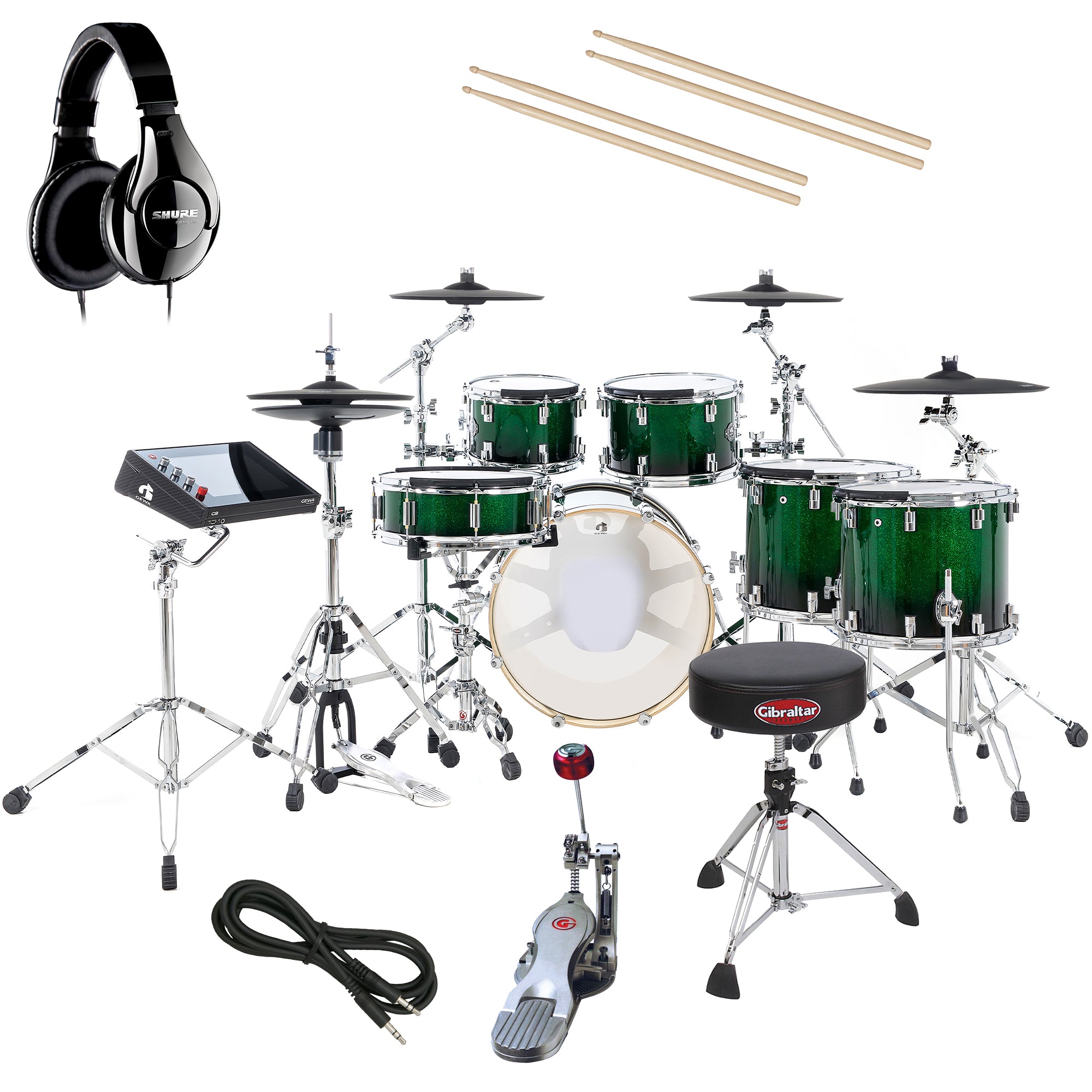 Collage of items in the GEWA G9 Pro 6 LTD Electronic Drum Set - Sherwood Green DRUM ESSENTIALS BUNDLE
