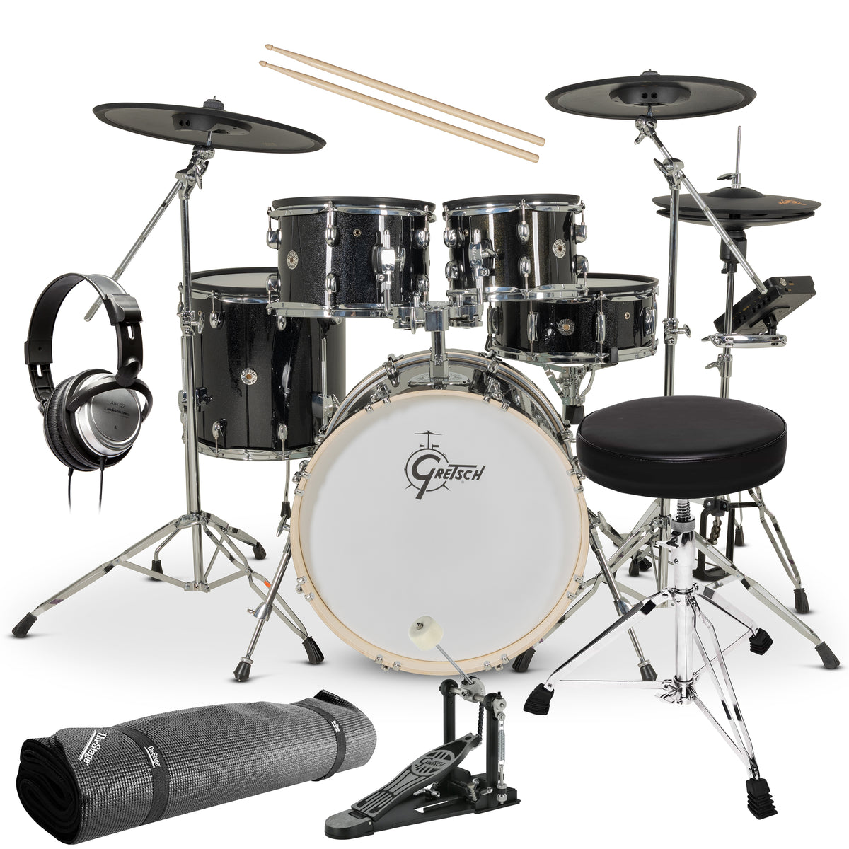 Gretsch Drums Catalina EVO 5pc Electronic Drum Set - Black Sparkle DRUM ESSENTIALS BUNDLE