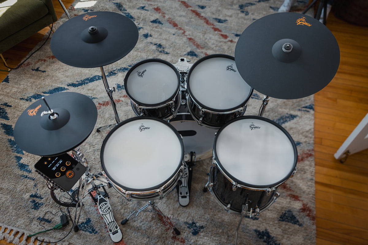 Overhead view of Gretsch Catalina EVO Black Sparkle electronic drum kit with cymbals and module