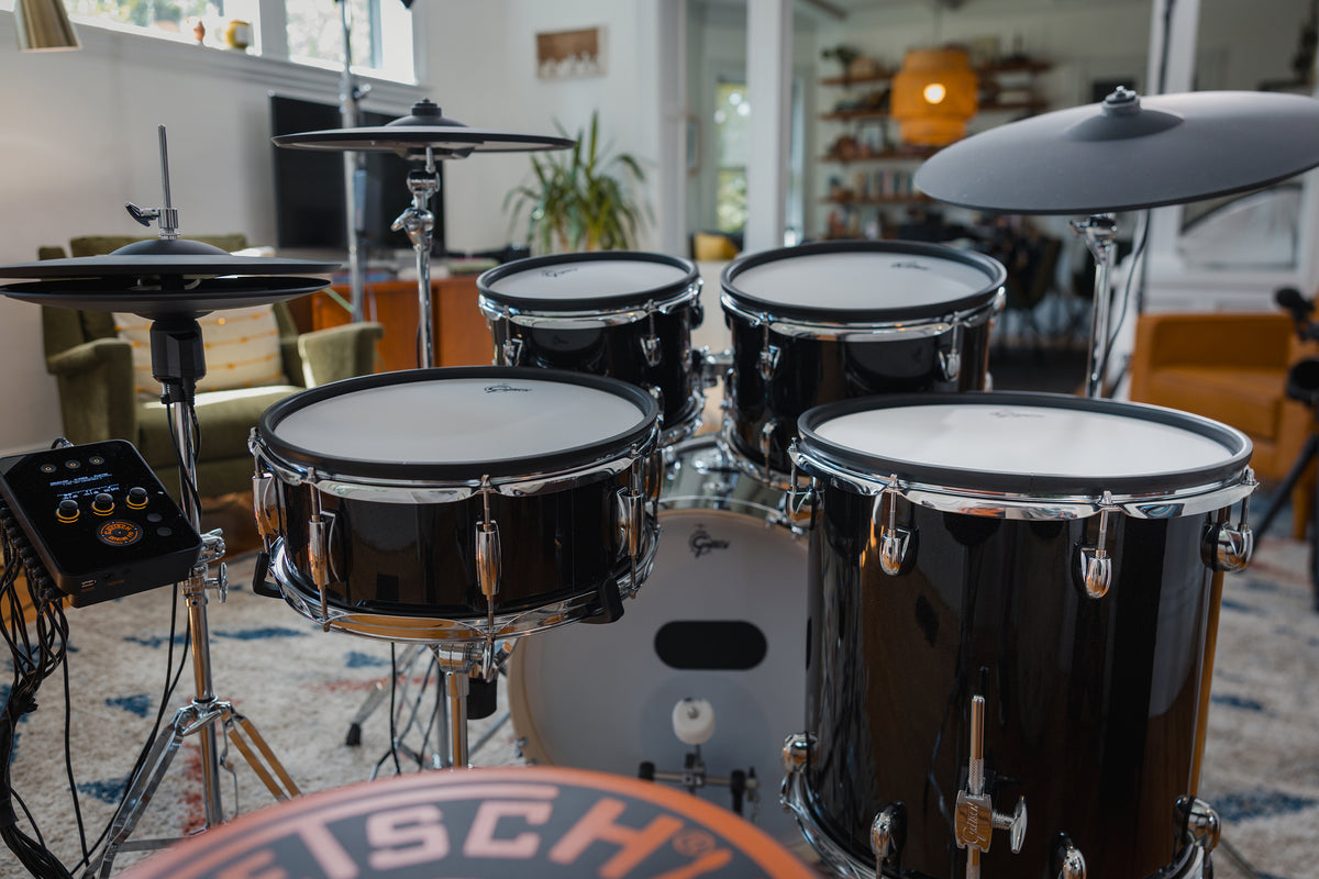 Gretsch Catalina EVO Black Sparkle electronic drum kit from the drummer's seat