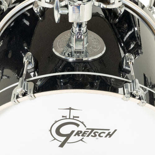 Close-up of Gretsch Catalina EVO bass drum with tom mount and white Gretsch logo resonant head