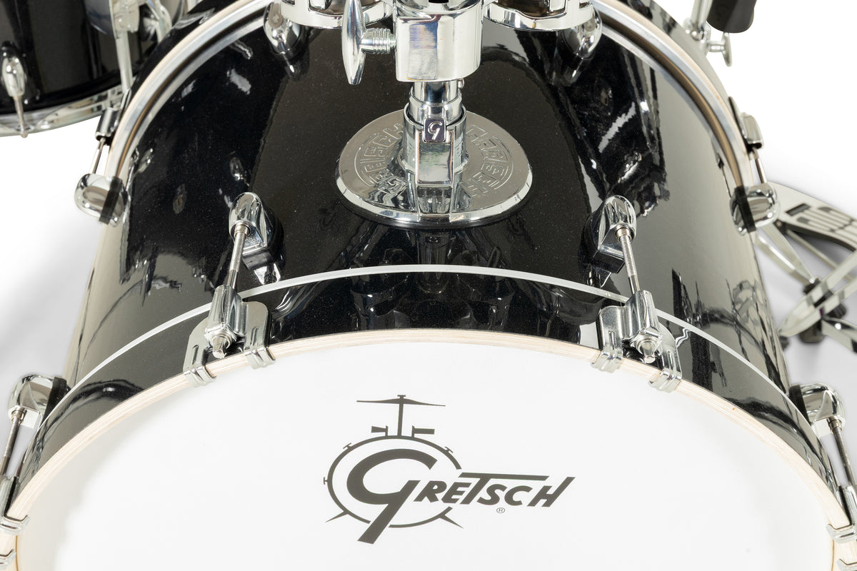 Close-up of Gretsch Catalina EVO bass drum with tom mount and white Gretsch logo resonant head