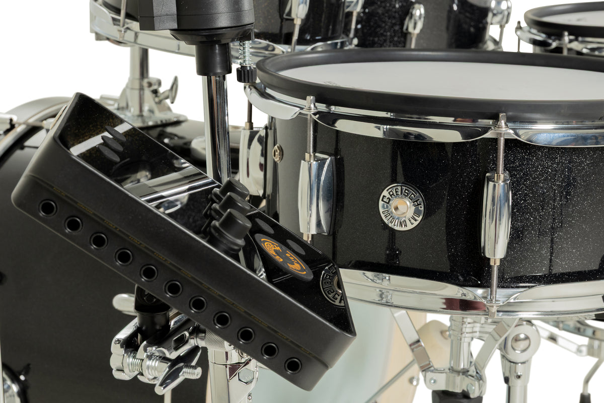 Gretsch Catalina EVO drum module trigger inputs beside the 14" Black Sparkle snare pad