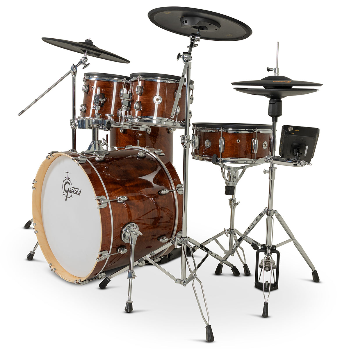 Gretsch Catalina EVO 5-piece electronic drum kit in Walnut Glaze, rear three-quarter view showing snare, hi-hat and module