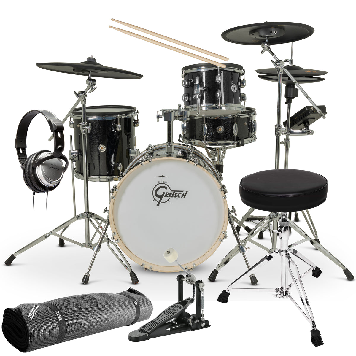 Gretsch Drums Catalina EVO 4pc Electronic Drum Set - Black Sparkle DRUM ESSENTIALS BUNDLE