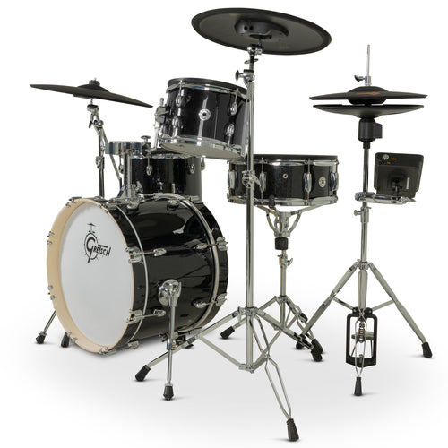 Gretsch Catalina EVO 4-piece electronic drum kit in Black Sparkle, three-quarter view showing snare, hi-hat and module