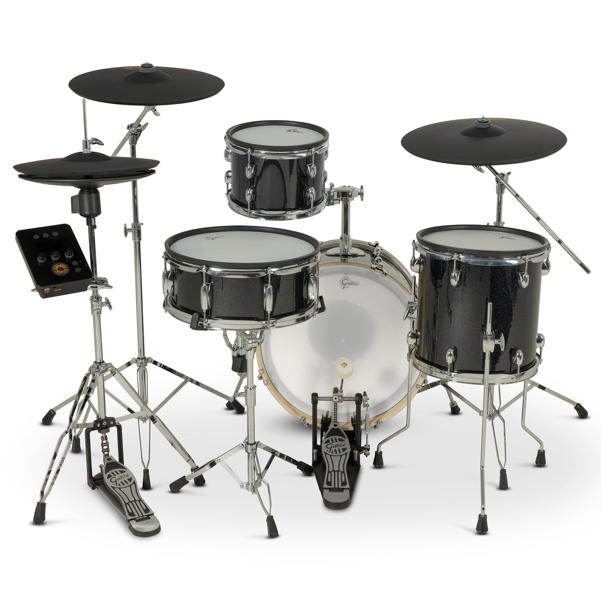 Gretsch Catalina EVO 4-piece electronic drum kit in Black Sparkle, drummer's view with hi-hat stand and bass drum pedal