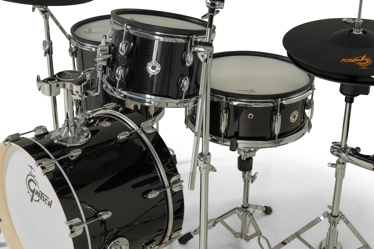 Gretsch Catalina EVO Black Sparkle rack tom, snare and 18" bass drum with chrome tom mount