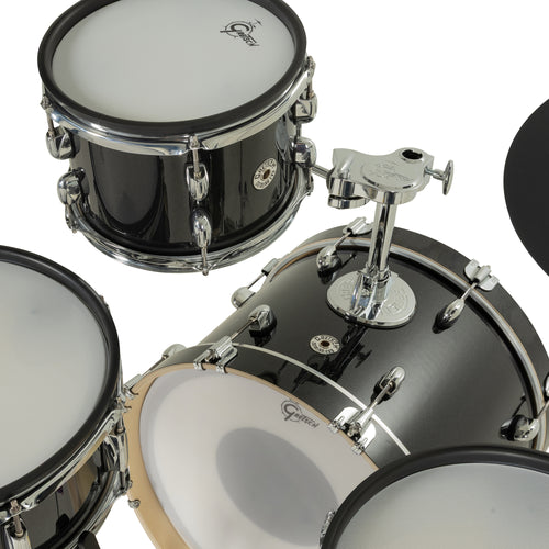 Overhead view of Gretsch Catalina EVO rack tom, tom mount and mesh heads in Black Sparkle