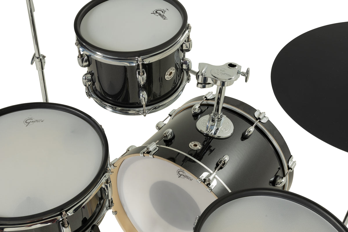 Overhead view of Gretsch Catalina EVO rack tom, tom mount and mesh heads in Black Sparkle