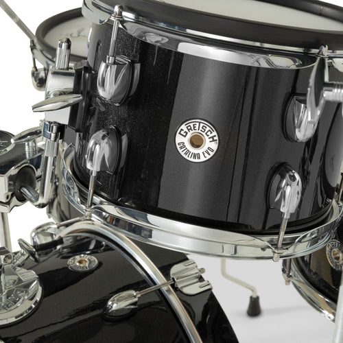 Close-up of Gretsch Catalina EVO Black Sparkle rack tom with Catalina EVO badge and tom holder