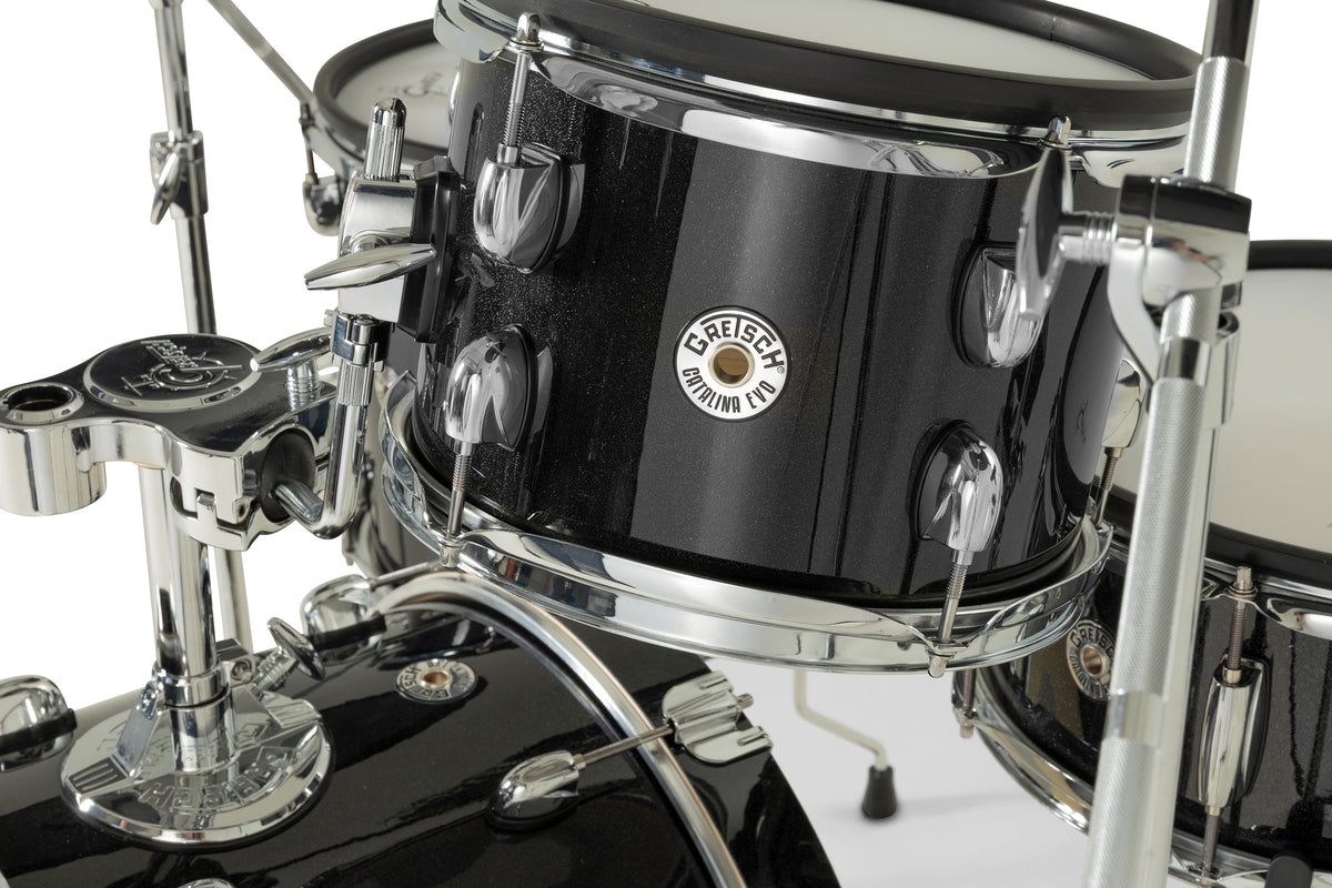 Close-up of Gretsch Catalina EVO Black Sparkle rack tom with Catalina EVO badge and tom holder
