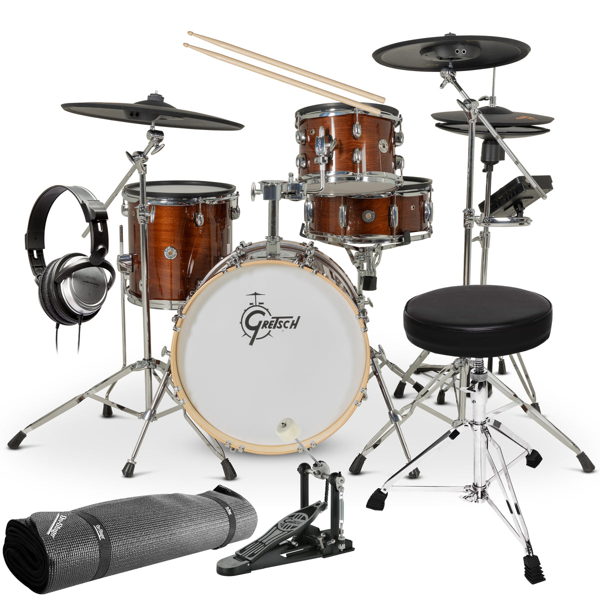 Gretsch Drums Catalina EVO 4pc Electronic Drum Set - Walnut Glaze DRUM ESSENTIALS BUNDLE