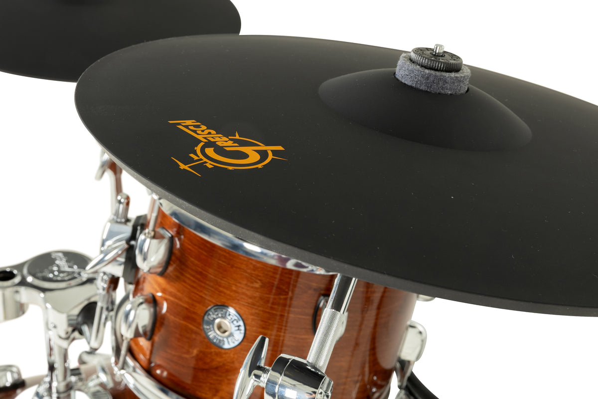Gretsch Catalina EVO cymbal pad with orange Gretsch logo over Walnut Glaze rack tom