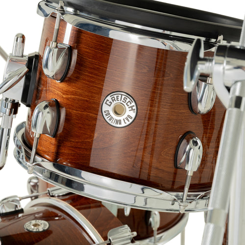 Close-up of Gretsch Catalina EVO Walnut Glaze rack tom with Catalina EVO badge