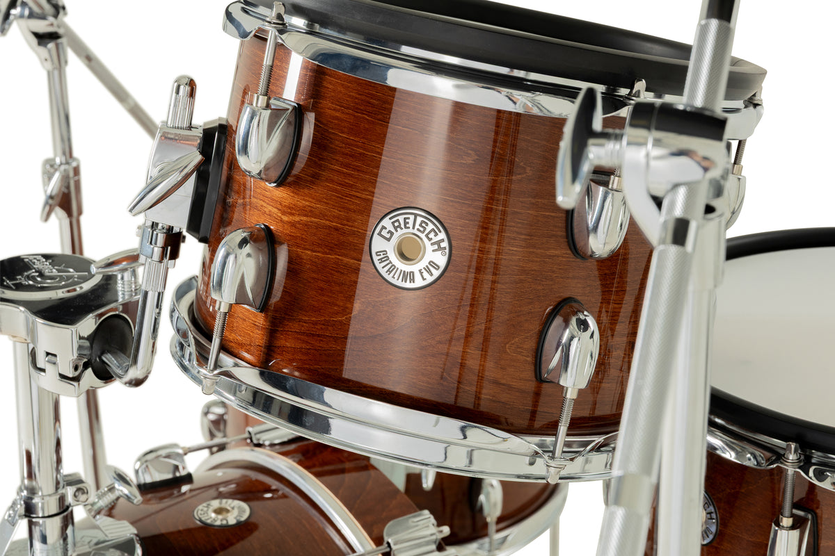 Close-up of Gretsch Catalina EVO Walnut Glaze rack tom with Catalina EVO badge