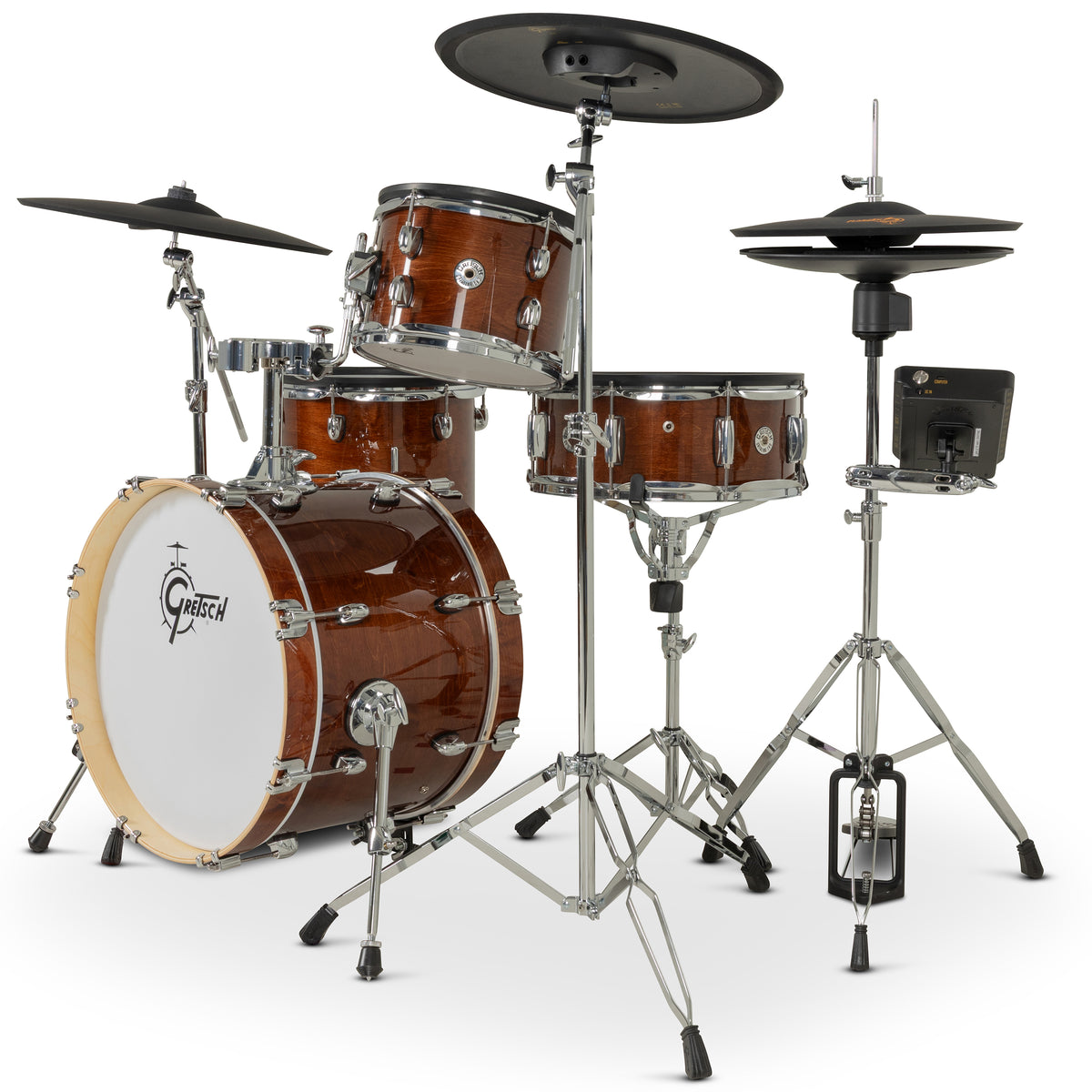 Gretsch Catalina EVO 4-piece electronic drum kit in Walnut Glaze, rear three-quarter view showing snare, hi-hat and module
