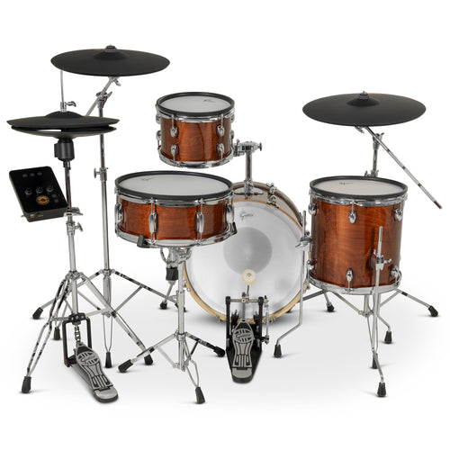 Gretsch Catalina EVO 4-piece electronic drum kit in Walnut Glaze, drummer's view with hi-hat stand and bass drum pedal