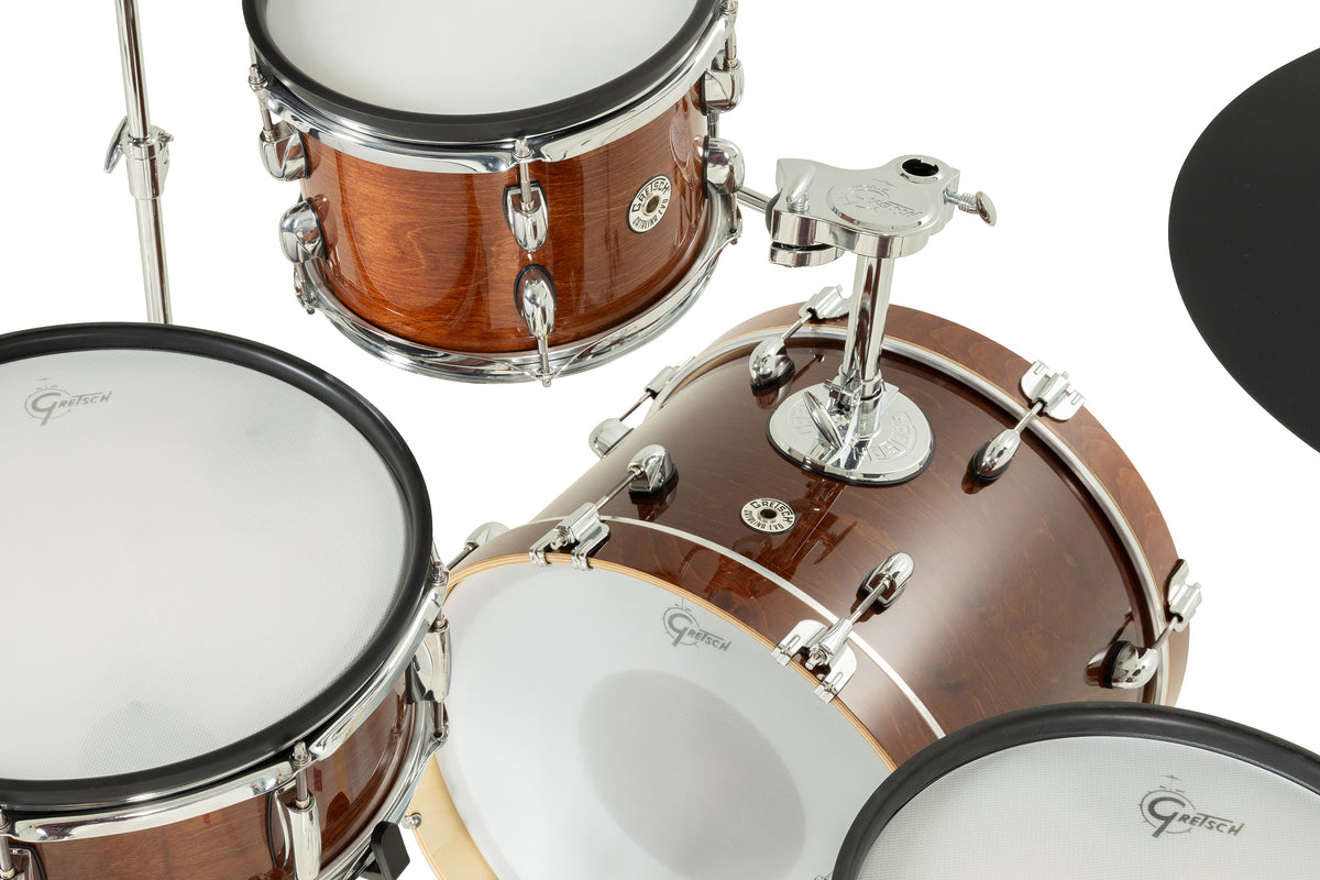 Overhead view of Gretsch Catalina EVO Walnut Glaze rack tom, tom mount and mesh heads
