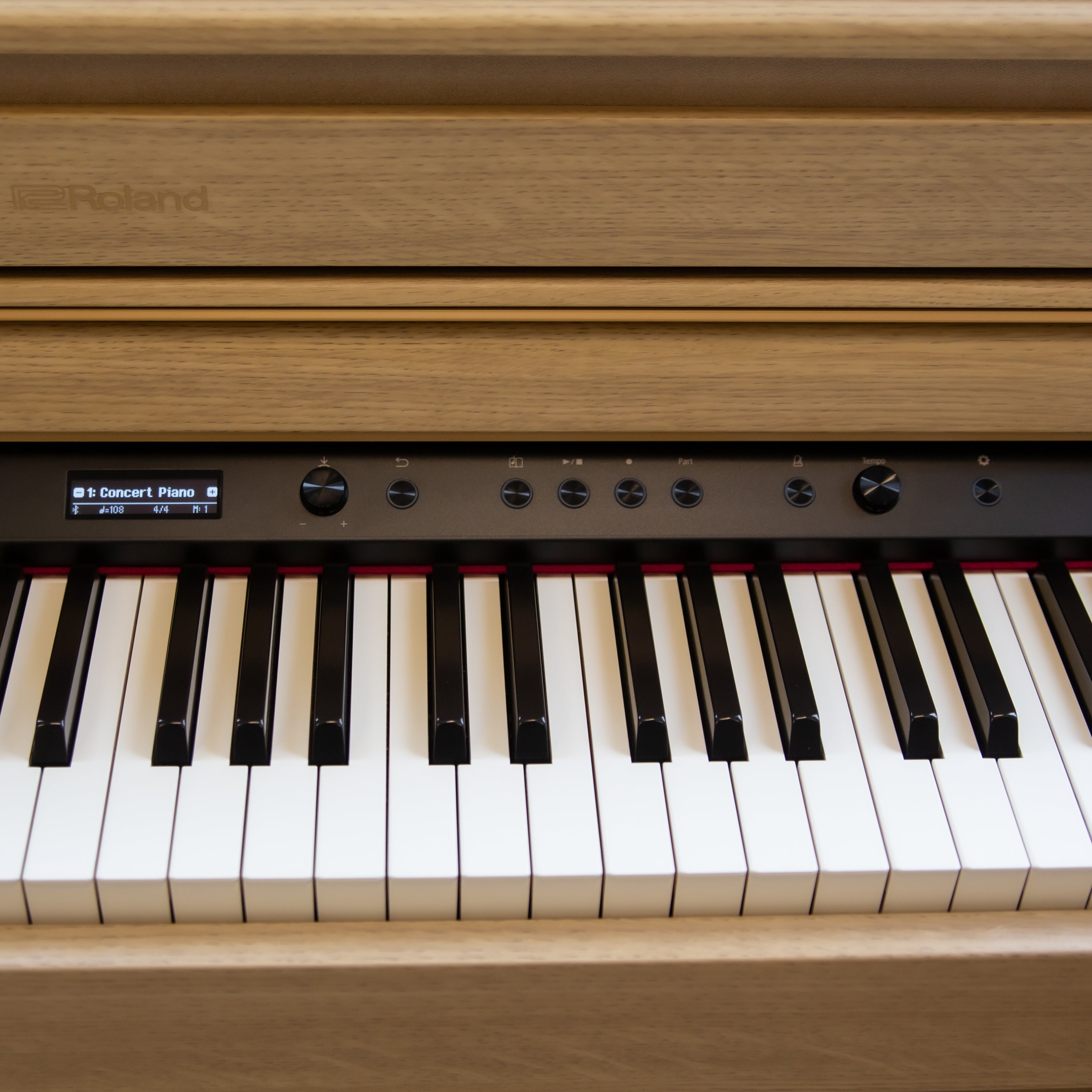 Roland HP704 Digital Piano - Light Oak controls to the right of center screen