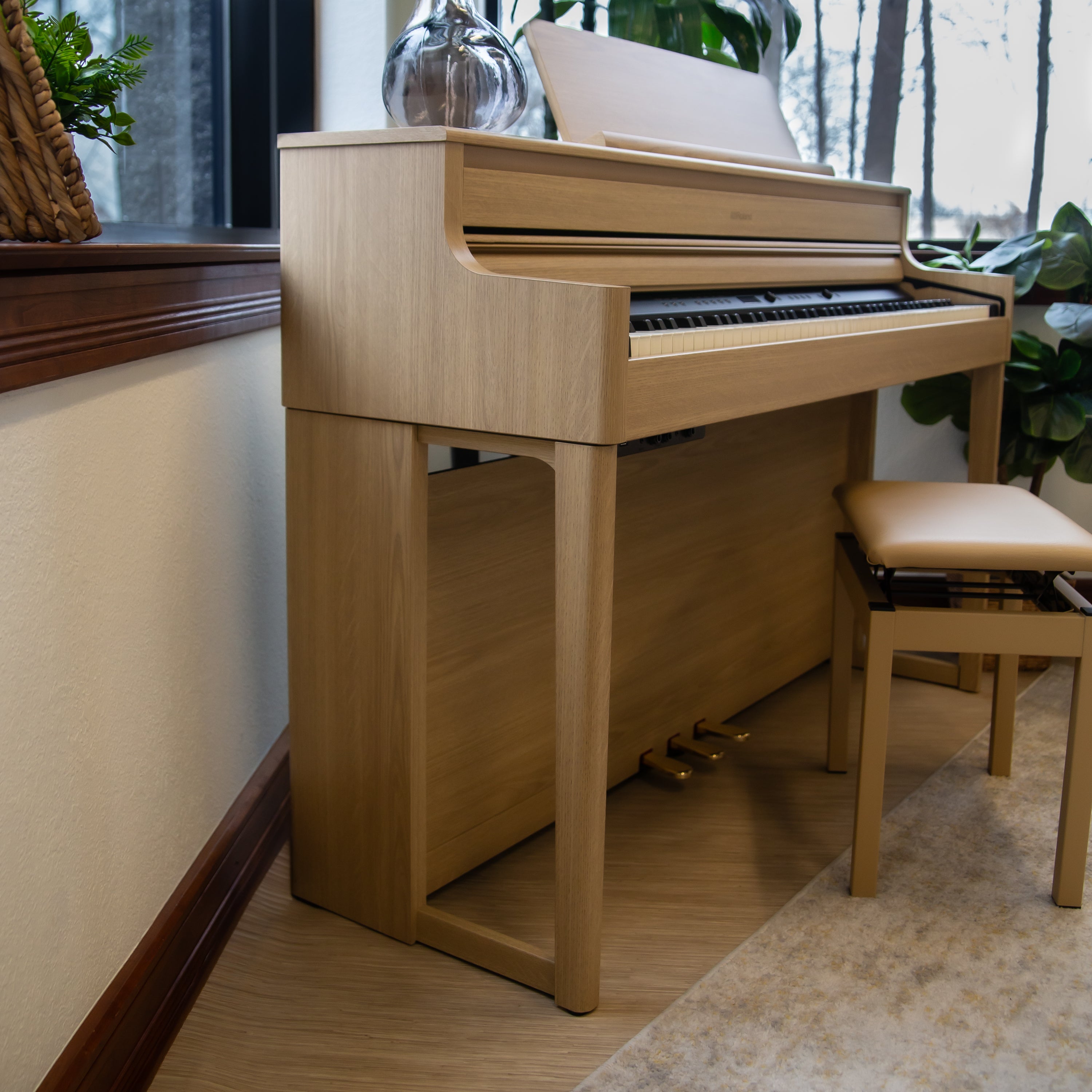 Side view of a Roland HP704 Digital Piano - Light Oak 