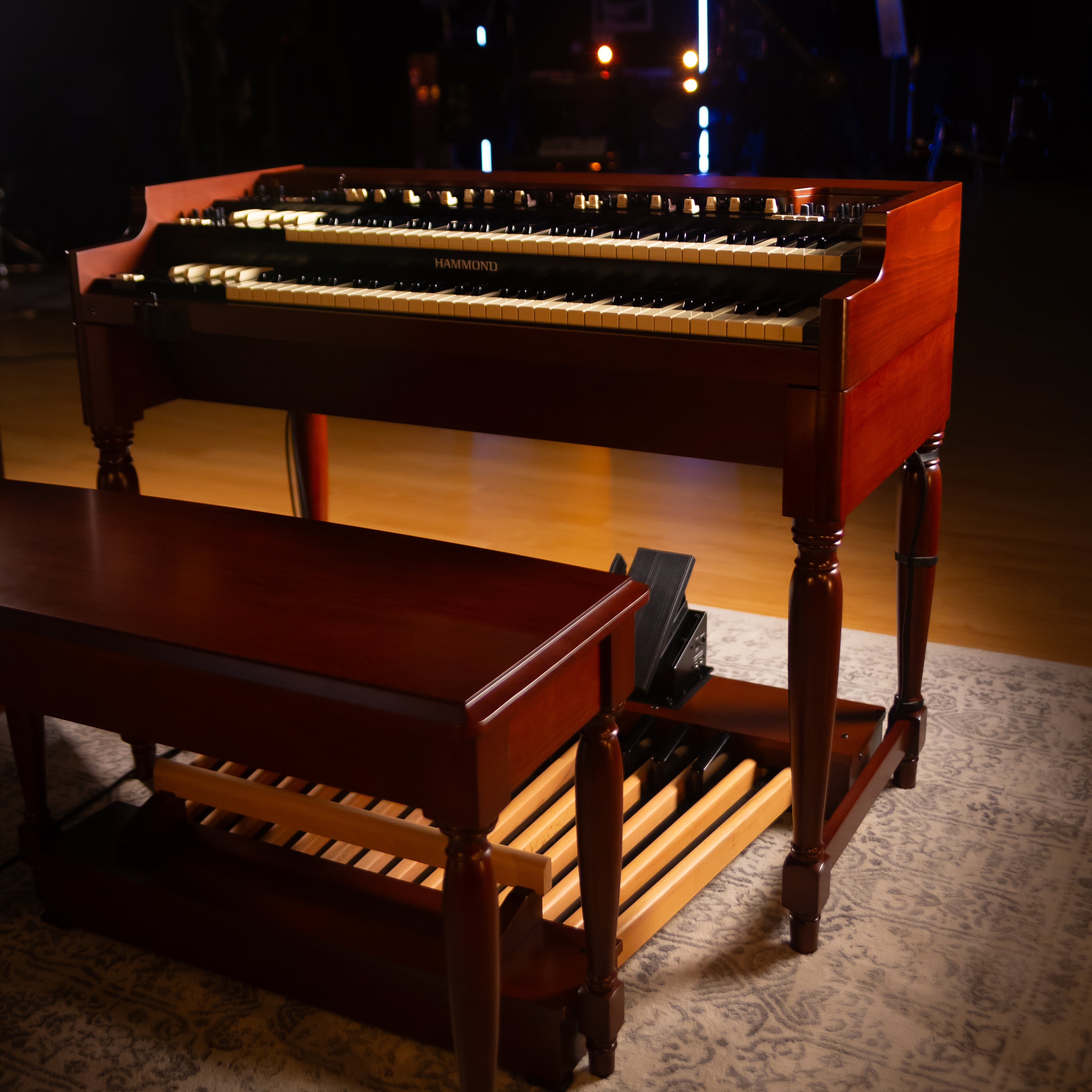 Hammond XK-7D Classic Ultimate Dual-Manual Tonewheel Organ System in a dimly lit studio