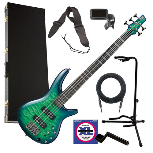 Ibanez SR405EQM 5-String Bass Guitar - Blue Burst COMPLETE BASS BUNDLE