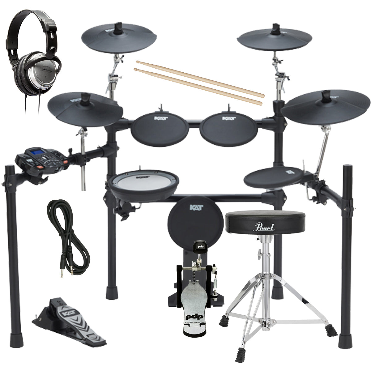 Collage image of the Kat Percussion KT-200 Electronic Drum Set DRUM ESSENTIALS BUNDLE