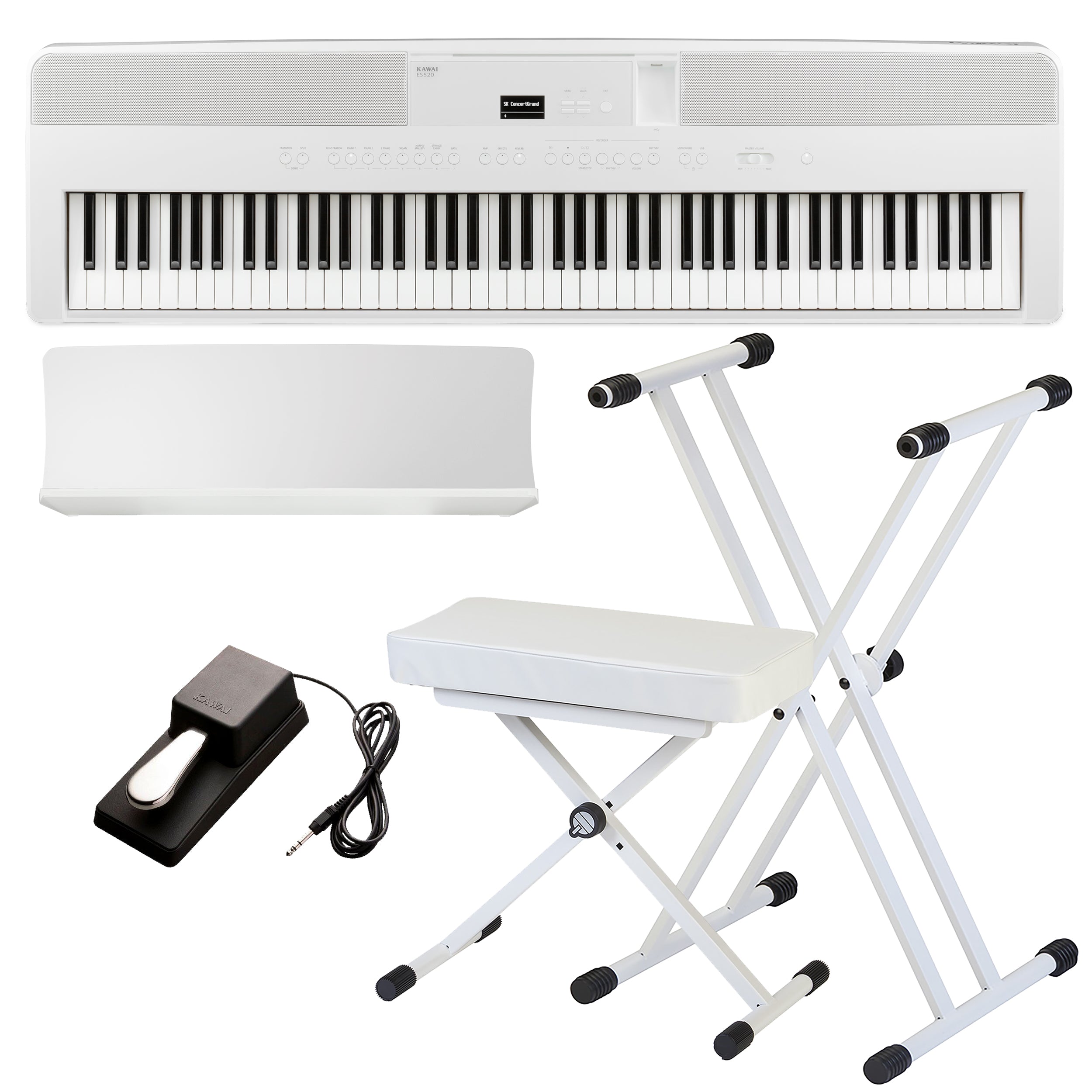 Kawai ES520 Portable Digital Piano - White KEY ESSENTIALS BUNDLE
