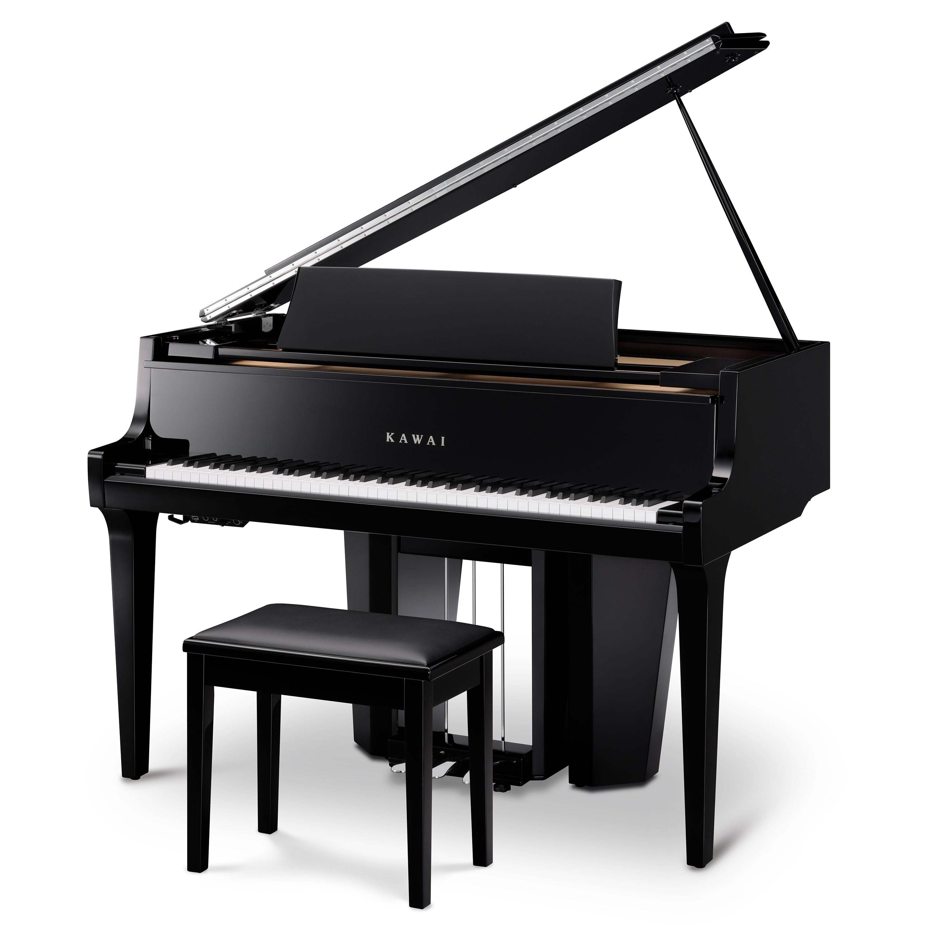 Kawai NOVUS NV12 Hybrid Grand Piano -  Ebony Polish - Angle View with Lid Open and Included Bench