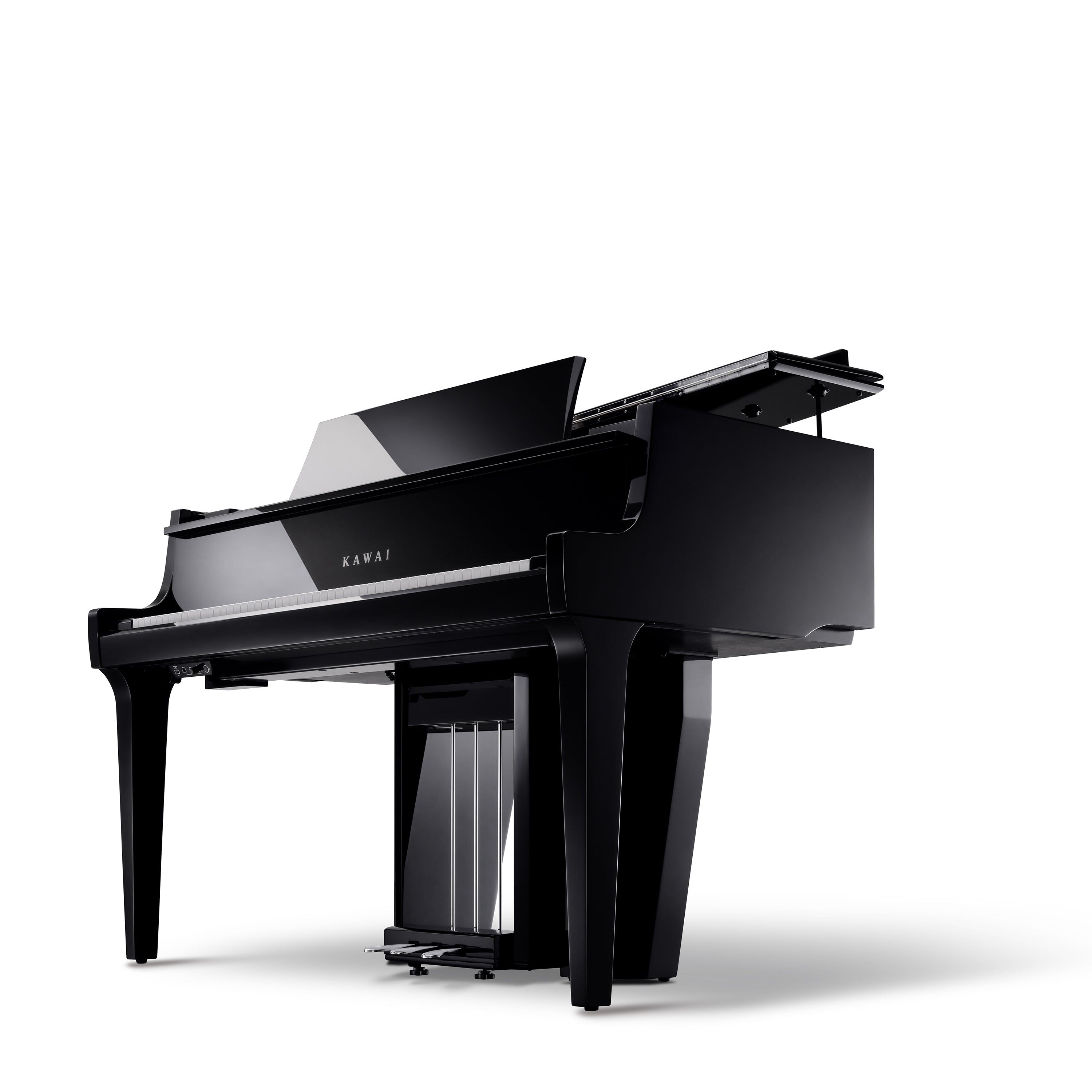 Kawai NOVUS NV12 Hybrid Grand Piano -  Ebony Polish - Below Angle View with Lid Slightly Open